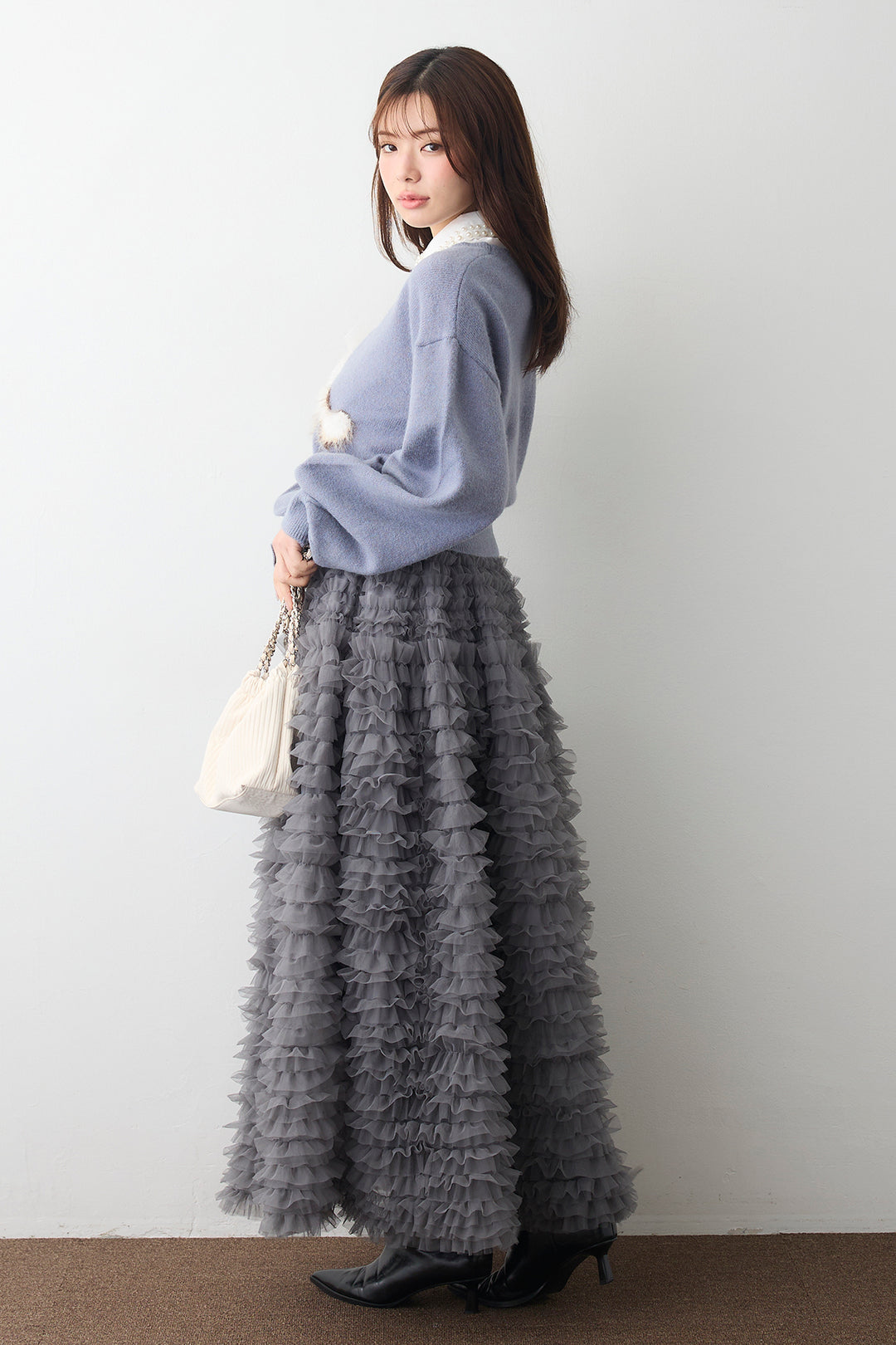 [予約/SET]2連パール付け襟+シャギーリボンキャットモチーフニットPO+ホイップチュールティアードスカート(3set)