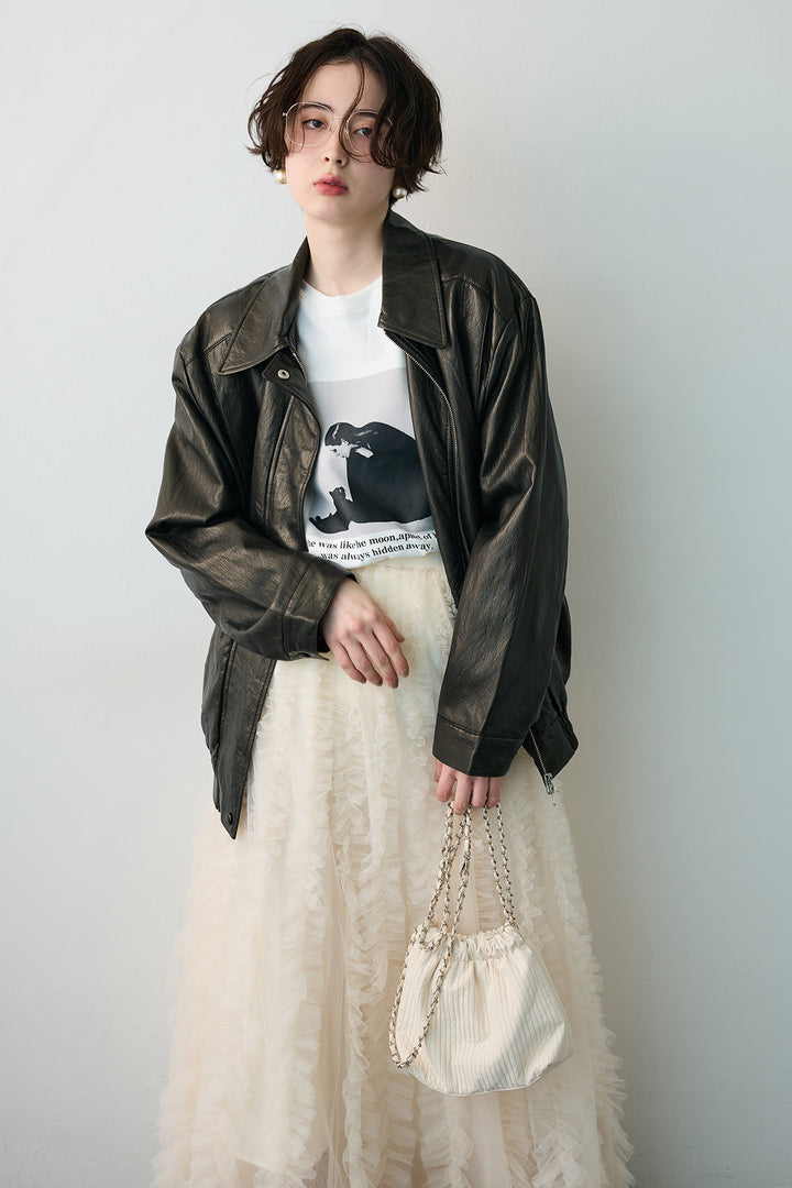 [予約/SET]グロッシーワッシャーレザーライクジャケット+Iラインホイップチュールスカート(2set)