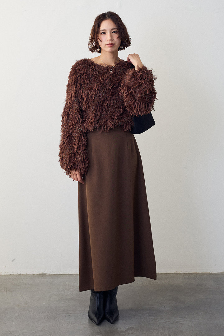 [予約/SET]フリンジラメシャギーニットプルオーバー+バックリボンセミフレアスカート(2set)