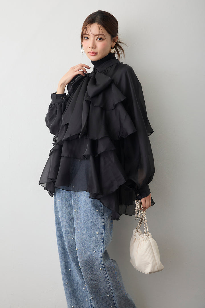 [予約/SET]フロントBIGリボンティアードエアリーチュニック+パールスタッズストレートハイウエストデニム(2set)