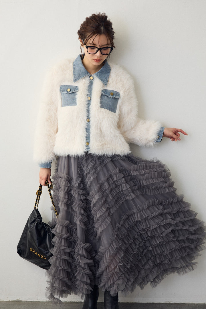 [予約/SET]デニムシャツドッキングファージャケット+スフレアシメチュールスカート(2set)