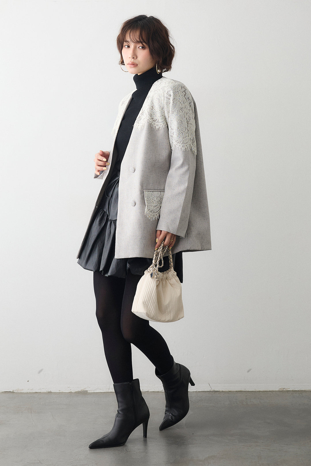 [予約/SET]ショルダーレースデザインジャケット+フェイクレザーティアードバルーンミニスカート(2set)