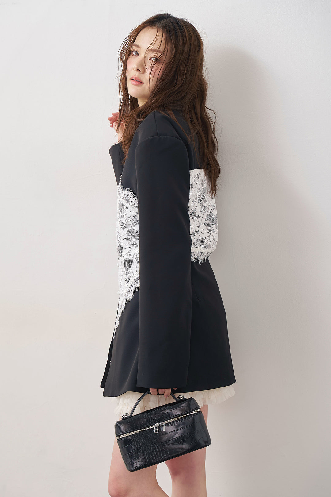 [予約/SET]美ラインウエストレースデザインジャケット+ホイップチュールミニ丈スカート(2set)