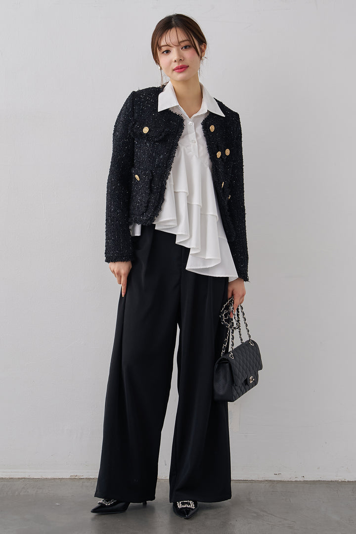 [予約/SET]アシメフリルティアードシャツ+フリンジツイードゴールドボタンジャケット+エステルツイルタックワイドカラーパンツ(3set)