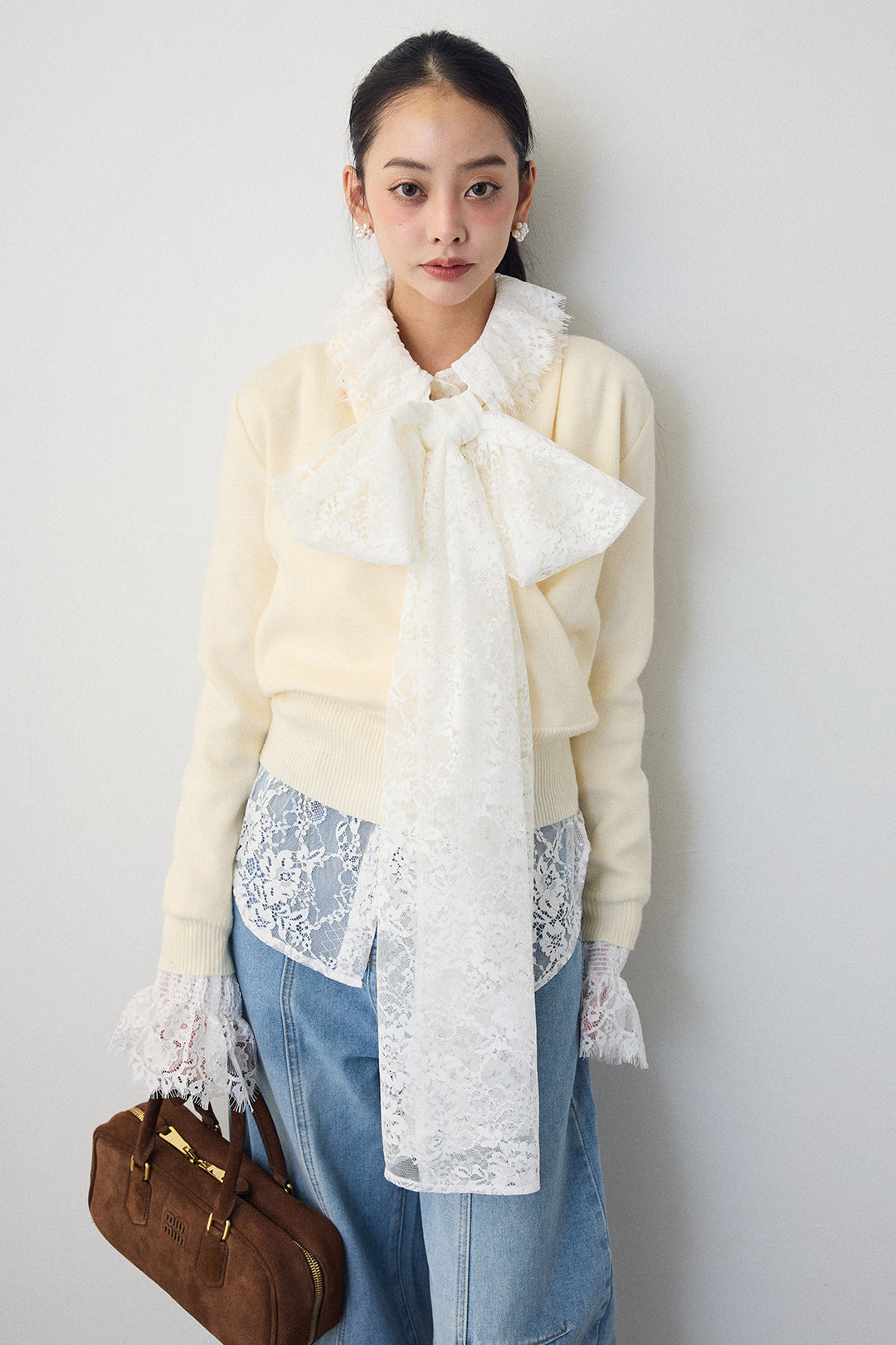 [予約/SET]クラシカルレースボウタイブラウス+カシュクールデザインニット(2set)