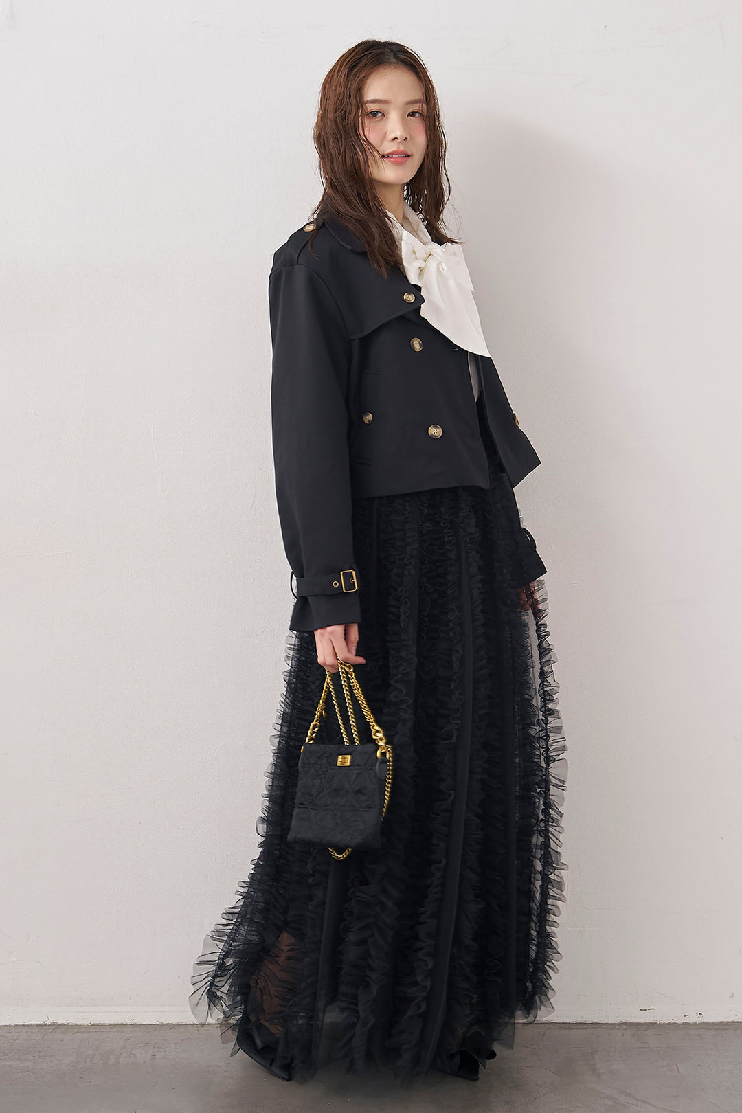 [予約/SET]BIGリボン綿ブラウス+クラシカルショートトレンチ+Iラインホイップチュールスカート(3set)