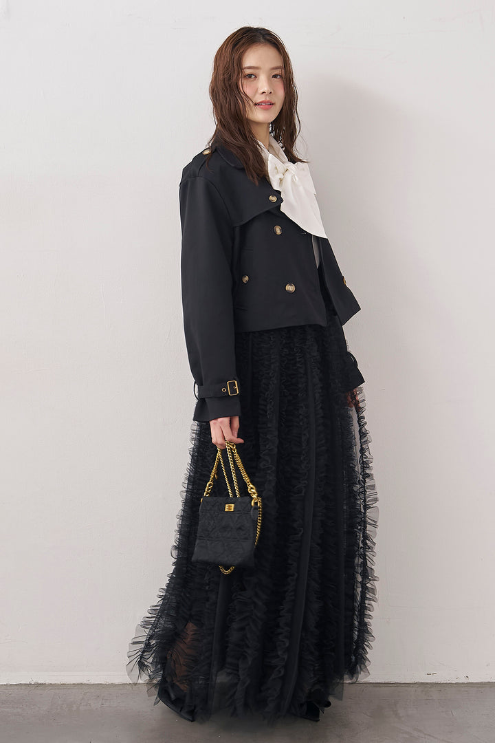 [予約/SET]BIGリボン綿ブラウス+クラシカルショートトレンチ+Iラインホイップチュールスカート(3set)