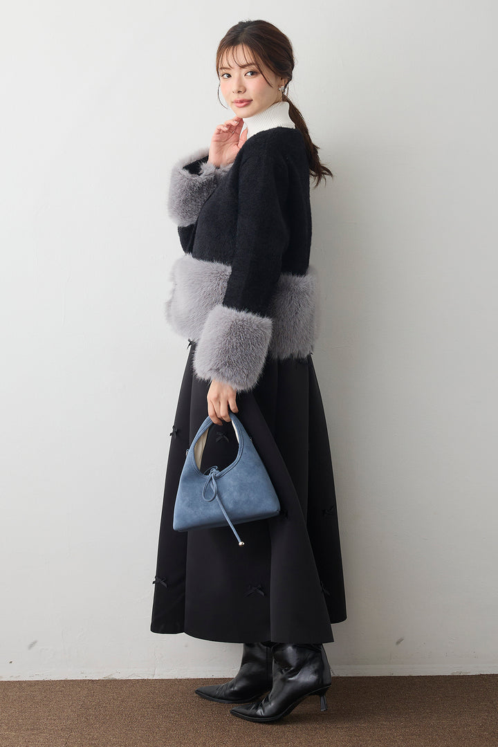 [予約/SET]配色ファードッキングコート+マルチパターンボンディングフレアスカート(2set)