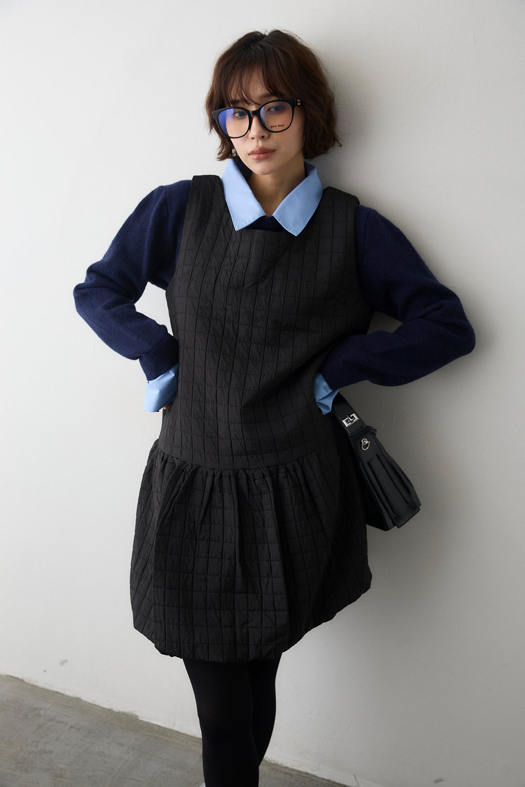 [予約/SET]シャツレイヤードニットプルオーバー+キルティングデザインミニジャンスカ(2set)