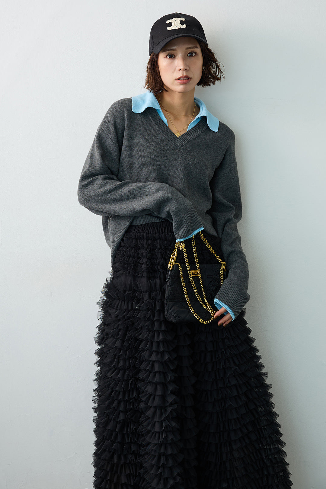 [予約/SET]配色襟レイヤード風ニット+ホイップチュールティアードスカート(2set)