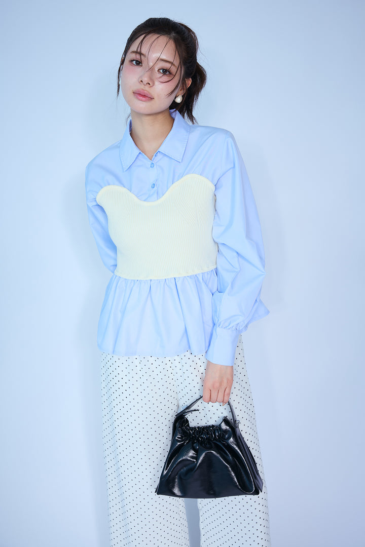 [予約/SET]ビスチェニットドッキングペプラムブラウス+シアードットリラックスパンツ(2set)