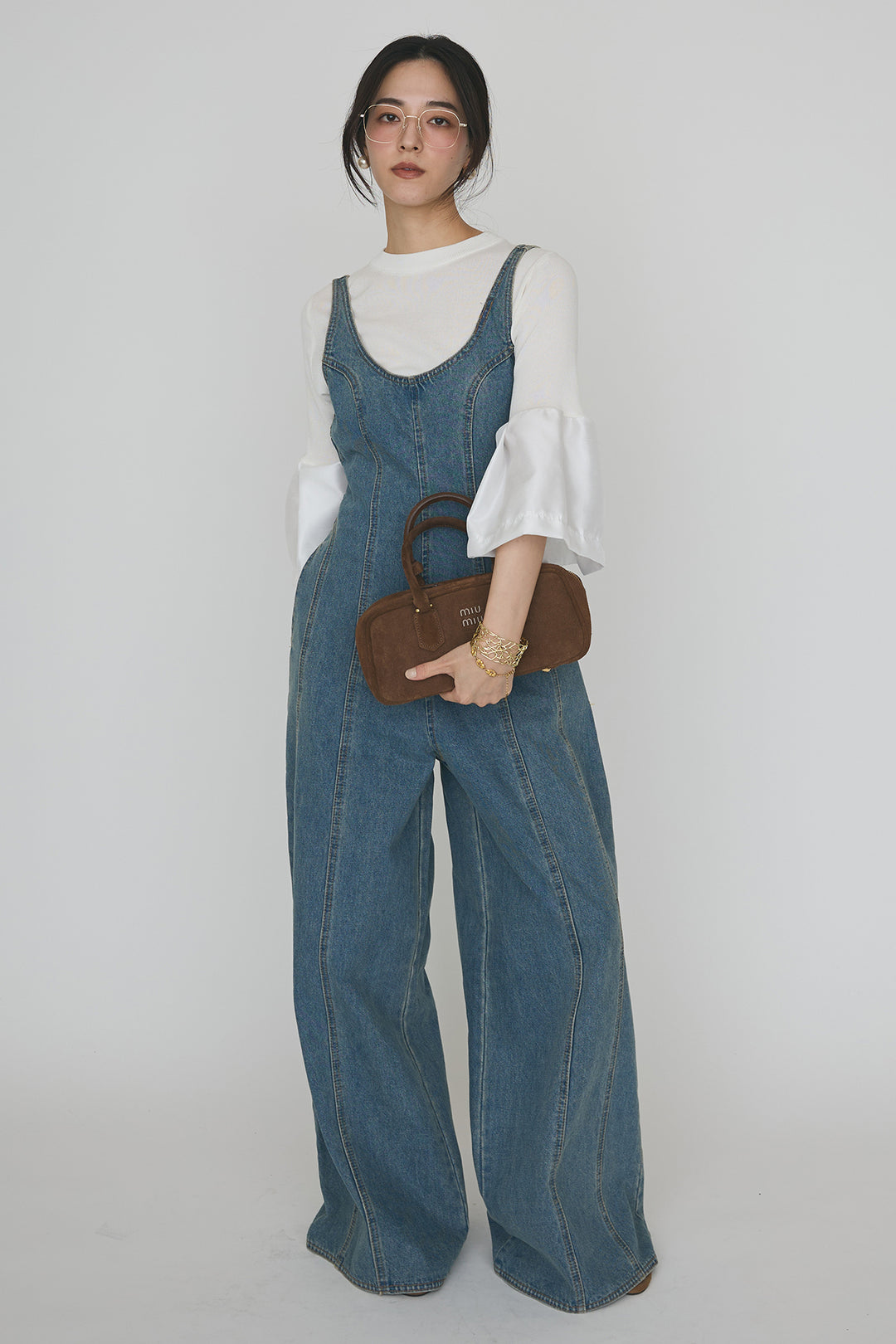 [予約/SET]タックフレア異素材ドッキングニットPO+美ラインデニムサロペット(2set)