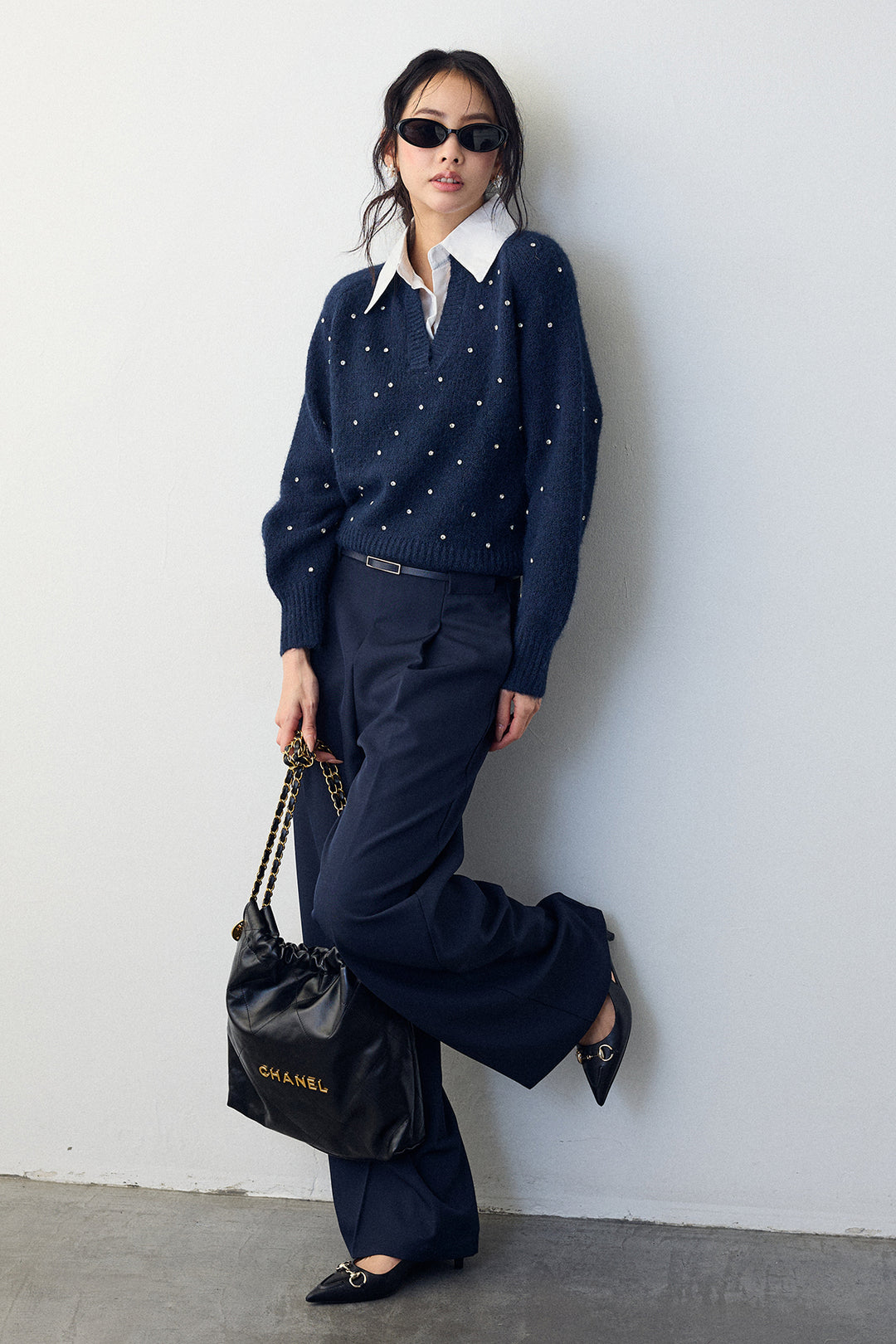 [予約/SET]シャツ襟ラインストーンニットPO+ポイントベルトセットストレートワイドパンツ(2set)