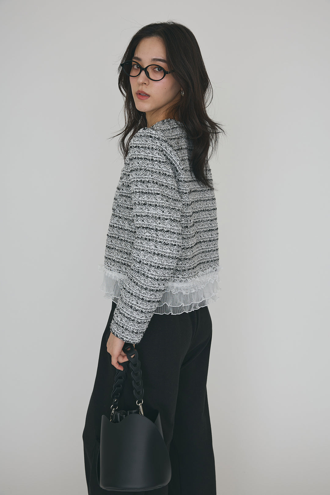 [予約/SET]プリーツフリルヘムライトツイードジャケット+ライトスウェットサイドリボンパンツ(2set)