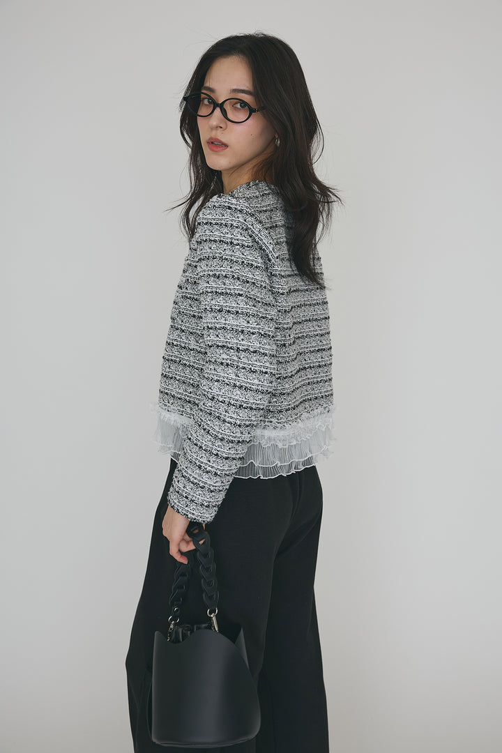 [予約/SET]プリーツフリルヘムライトツイードジャケット+ライトスウェットサイドリボンパンツ(2set)