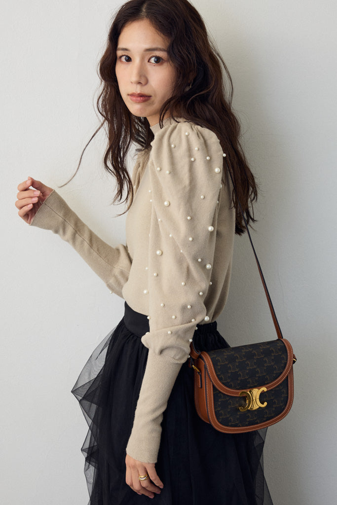 [予約]パフスリーブランダムパールニット