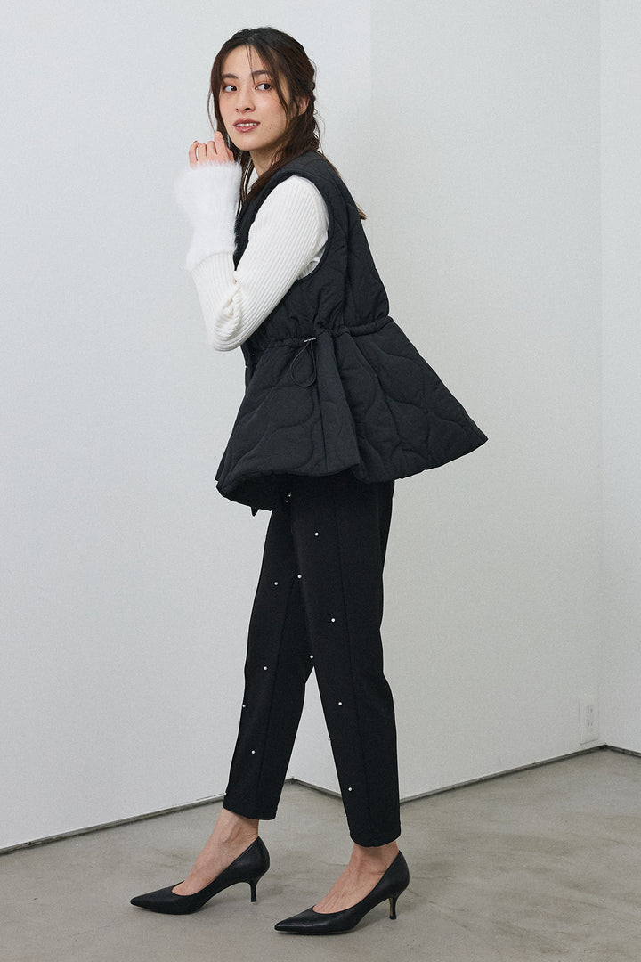 [予約/SET]フェザー切替スリーブフレアニット+キルティングフレアシルエットベスト(2set)