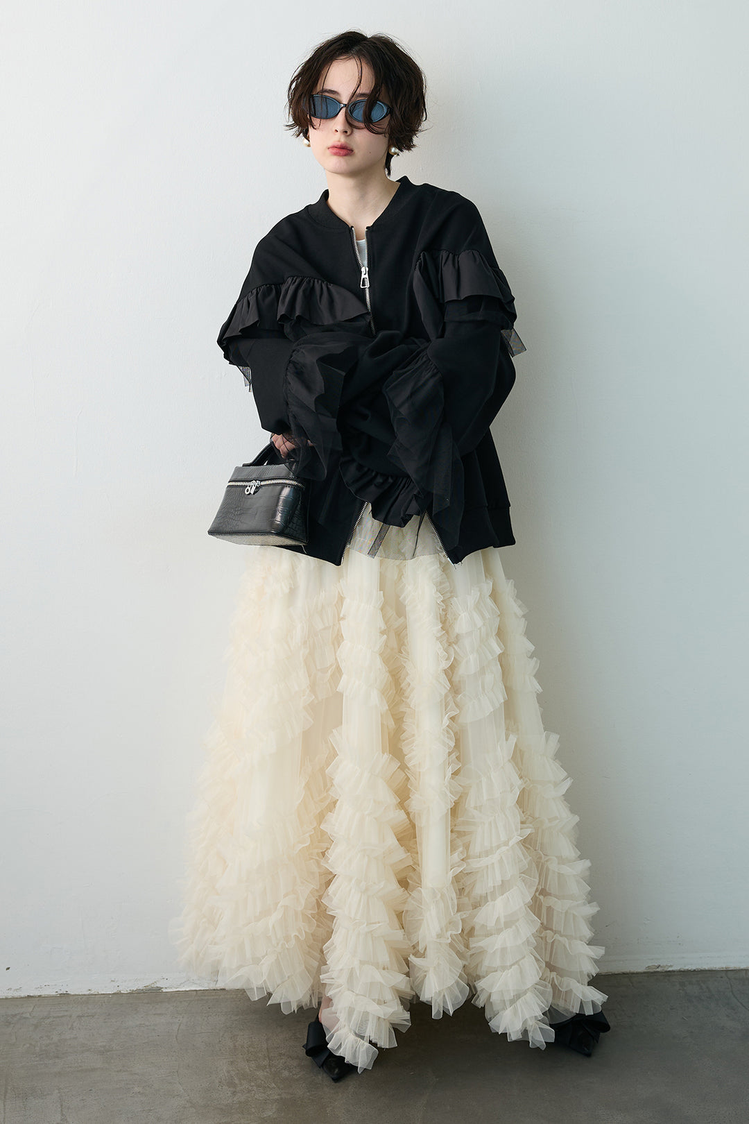 [予約/SET]フリルデザインダブルジップブルゾン+スフレアシメチュールスカート(2set)