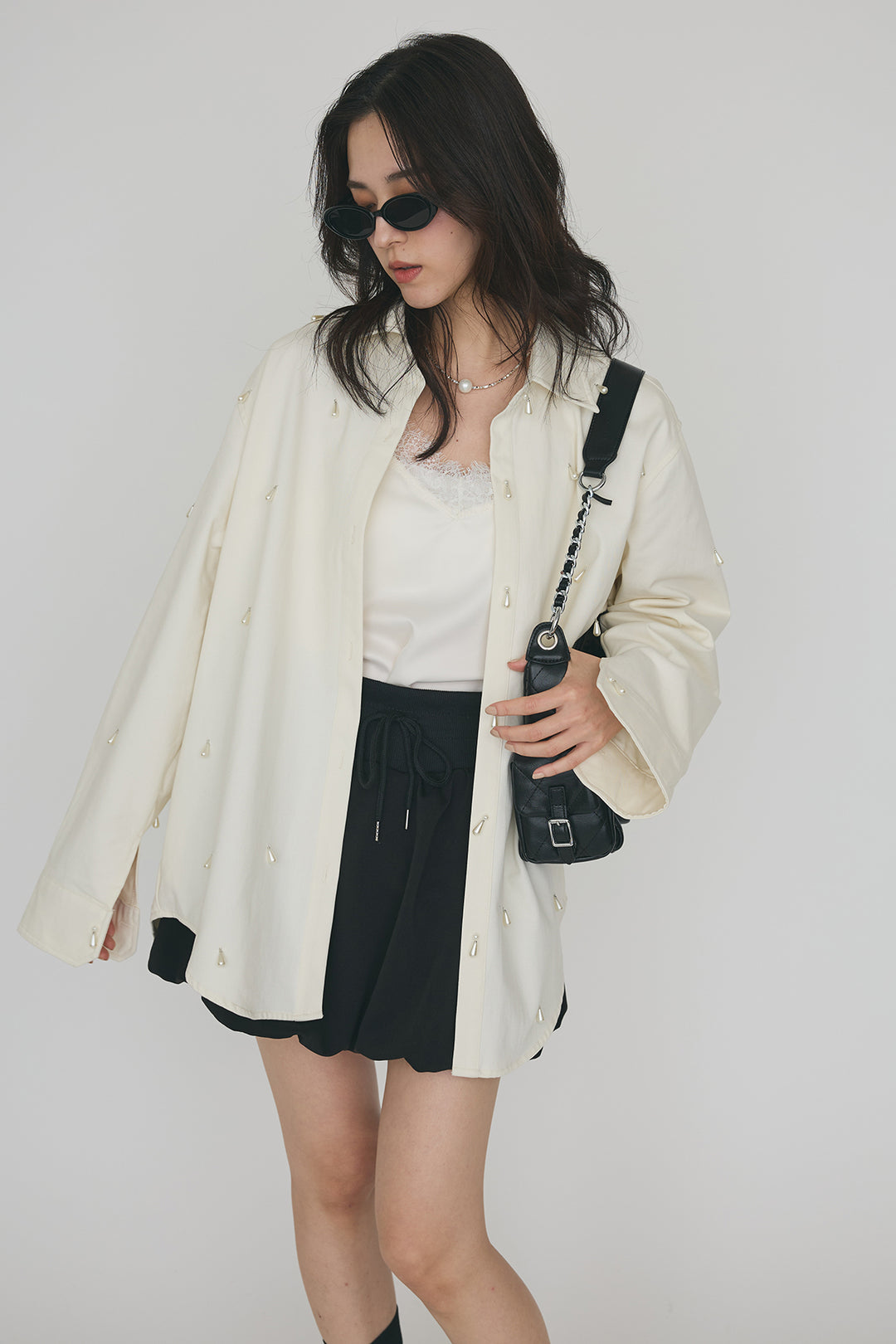 [予約/SET]雫パールデザインオーバーシャツ+スウェットバルーンスカート(2set)