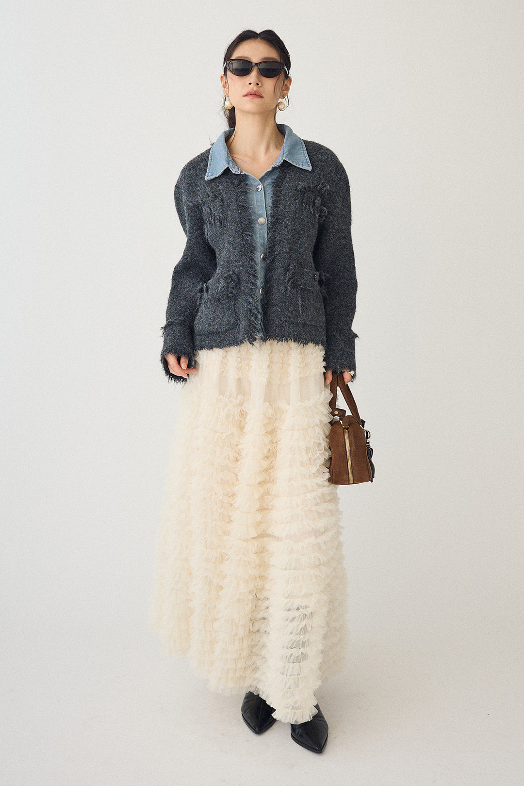 [予約/SET]デニムシャツドッキングツイードカーデ+ホイップチュールティアードスカート(2set)