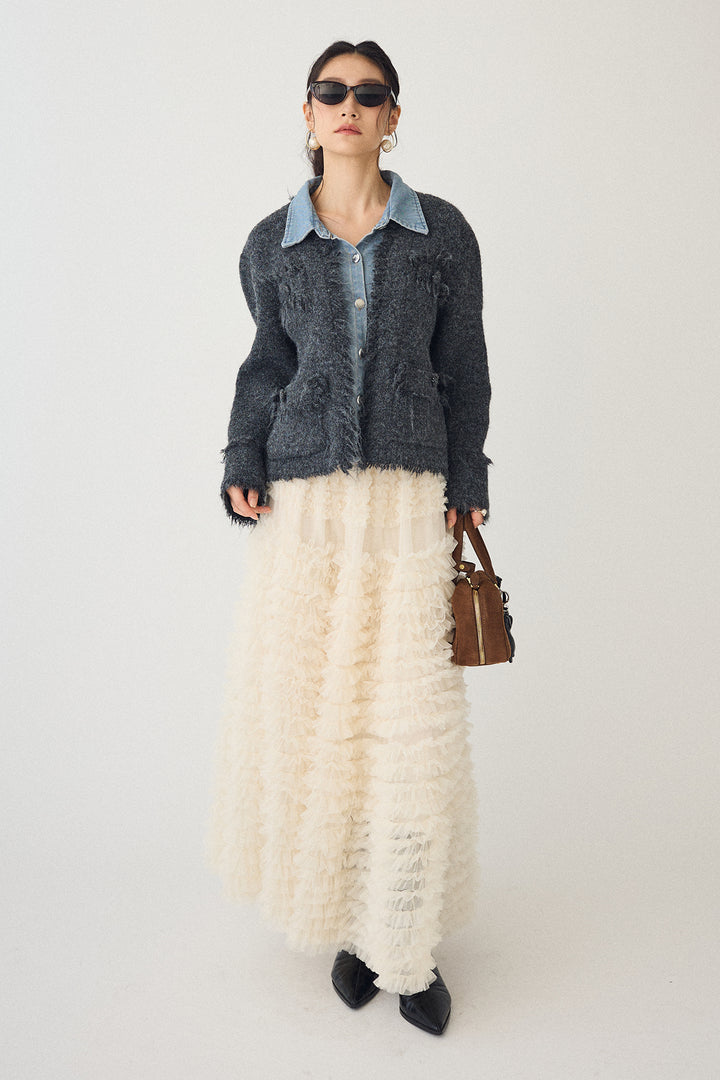 [予約/SET]デニムシャツドッキングツイードカーデ+ホイップチュールティアードスカート(2set)