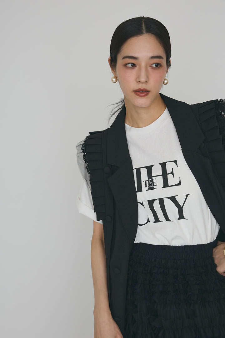 [予約/SET]フリルショルダーテーラーマニッシュベスト+ホイップチュールティアードスカート(2set)