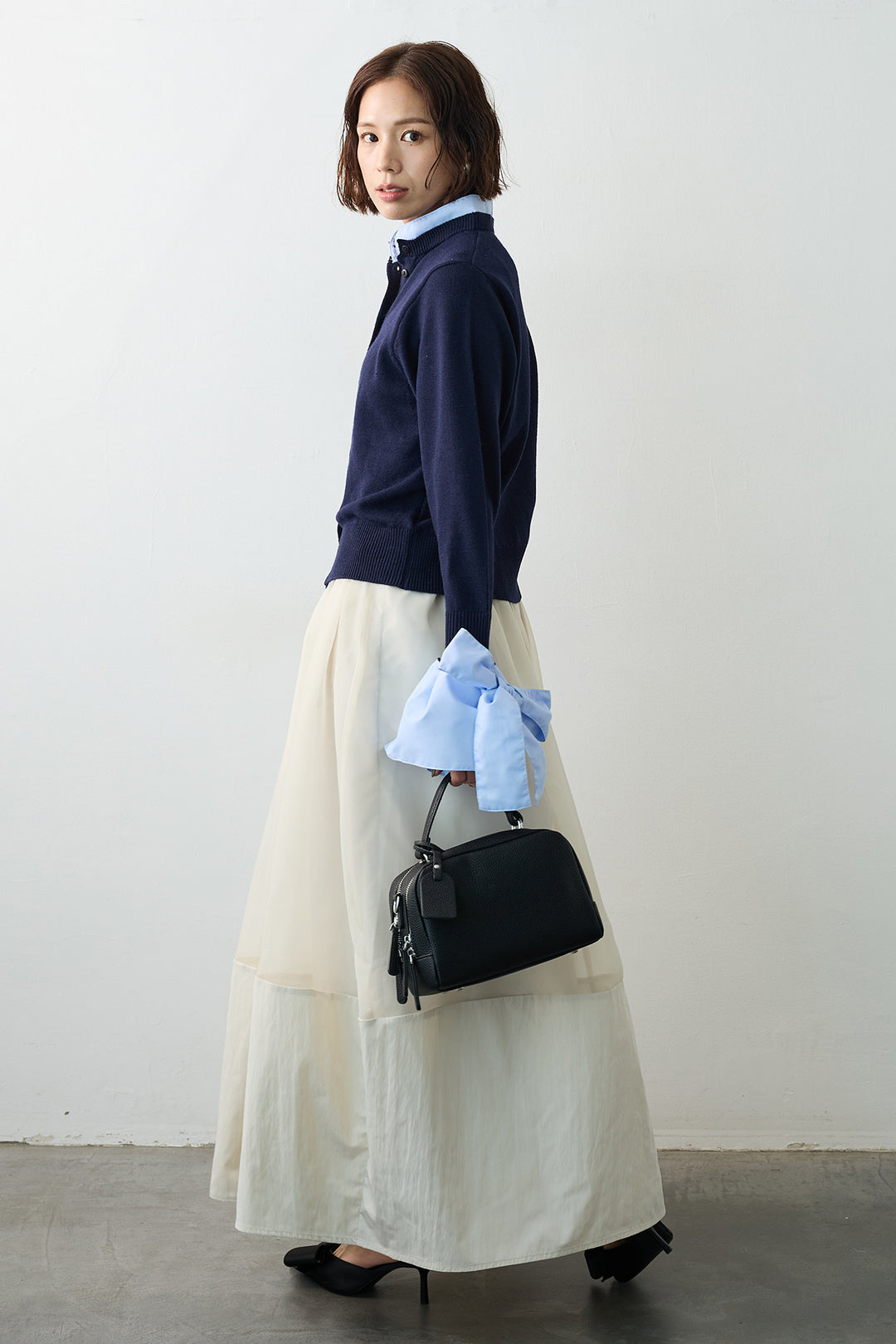 [予約/SET]BIGリボンカフスデザインニットドッキングカーデ+オーガンジー×タフタコクーンスカート(2set)