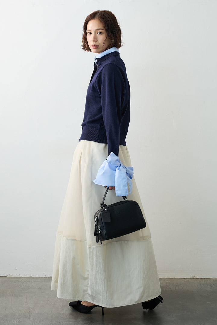 [予約/SET]BIGリボンカフスデザインニットドッキングカーデ+オーガンジー×タフタコクーンスカート(2set)