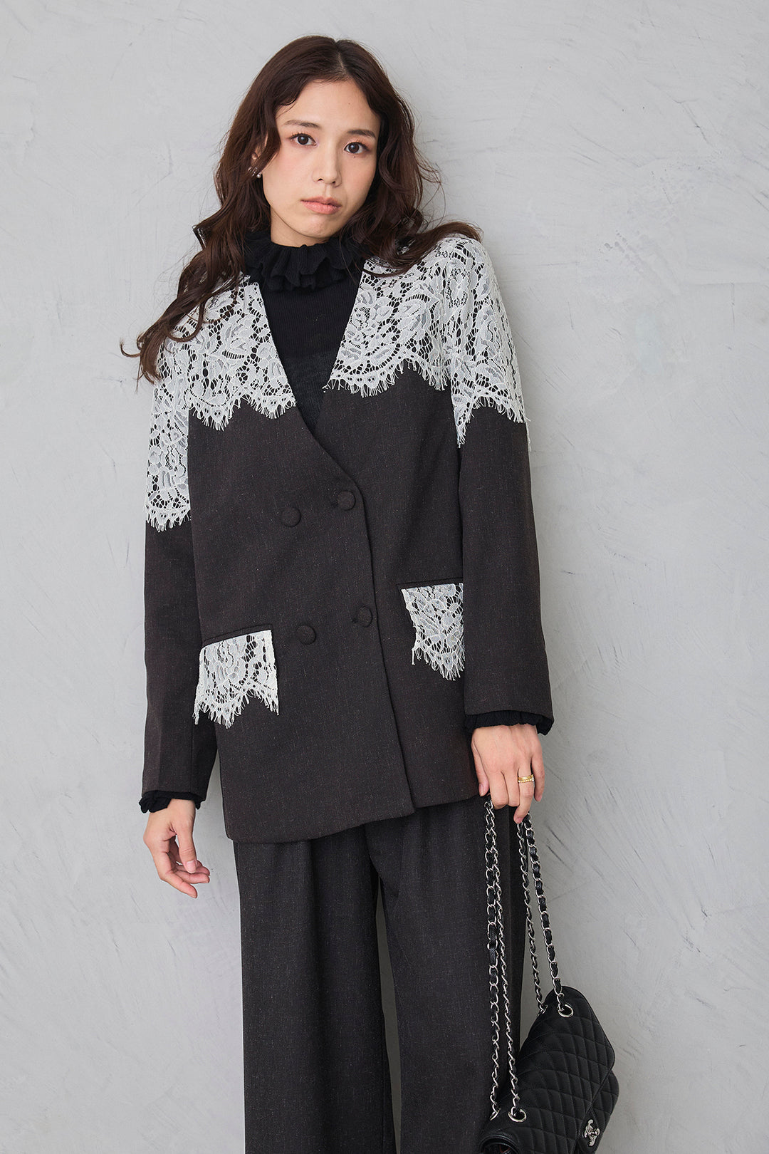 [予約/SET]ショルダーレースデザインジャケット+ライトツイードタックパンツ(2set)