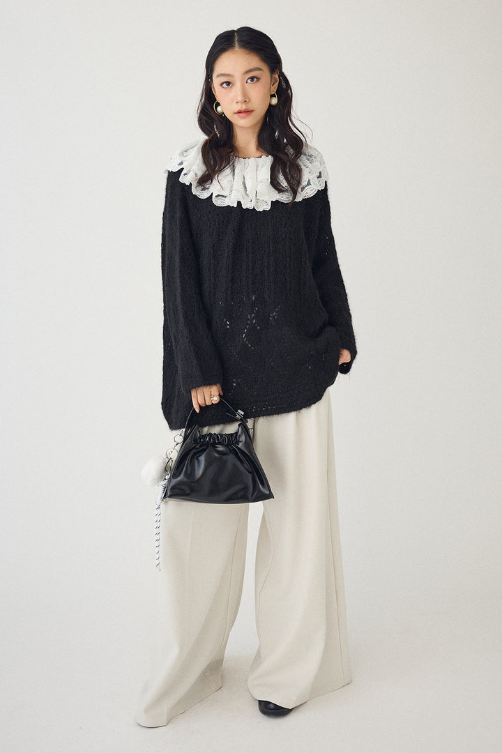 [予約/SET]ダブルレースカラードッキングニット+とろみタックハイウエストタックワイドパンツ(2set)