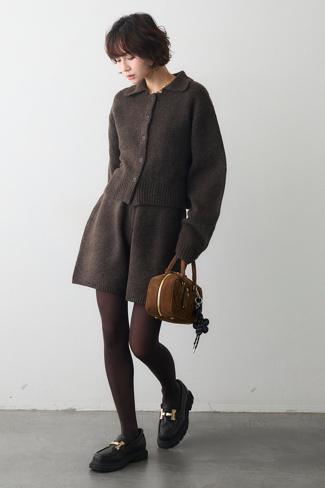 [予約/SET]メランジニットポロ襟クロップドカーデ+メランジニットショートパンツ(2set)