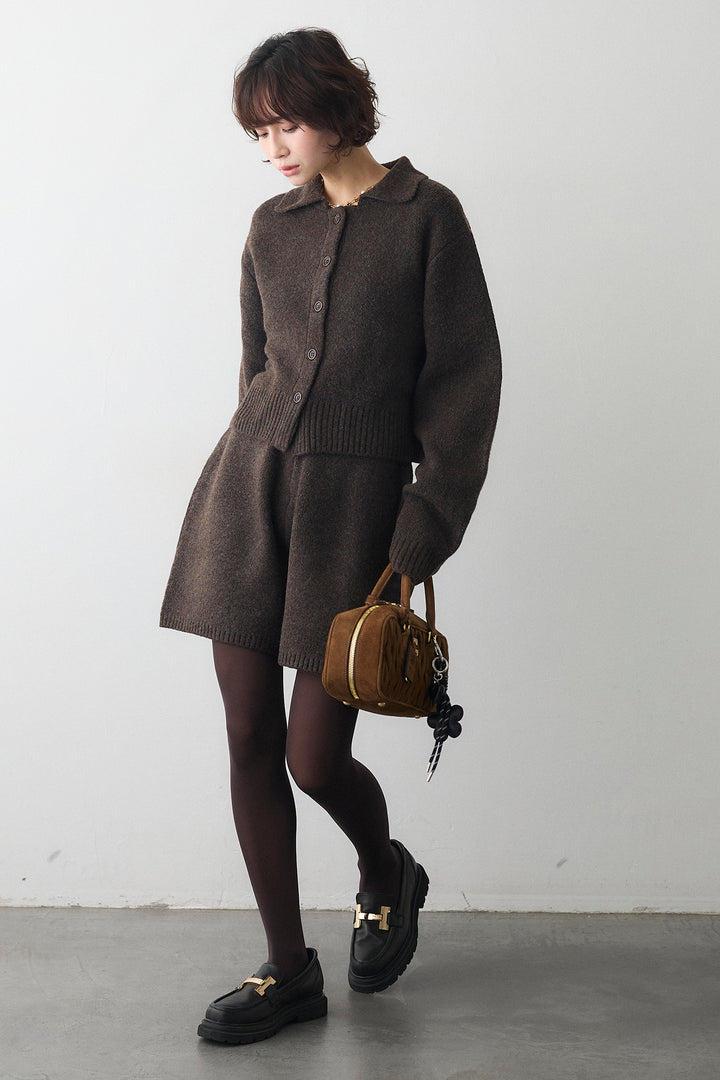 [予約/SET]メランジニットポロ襟クロップドカーデ+メランジニットショートパンツ(2set)