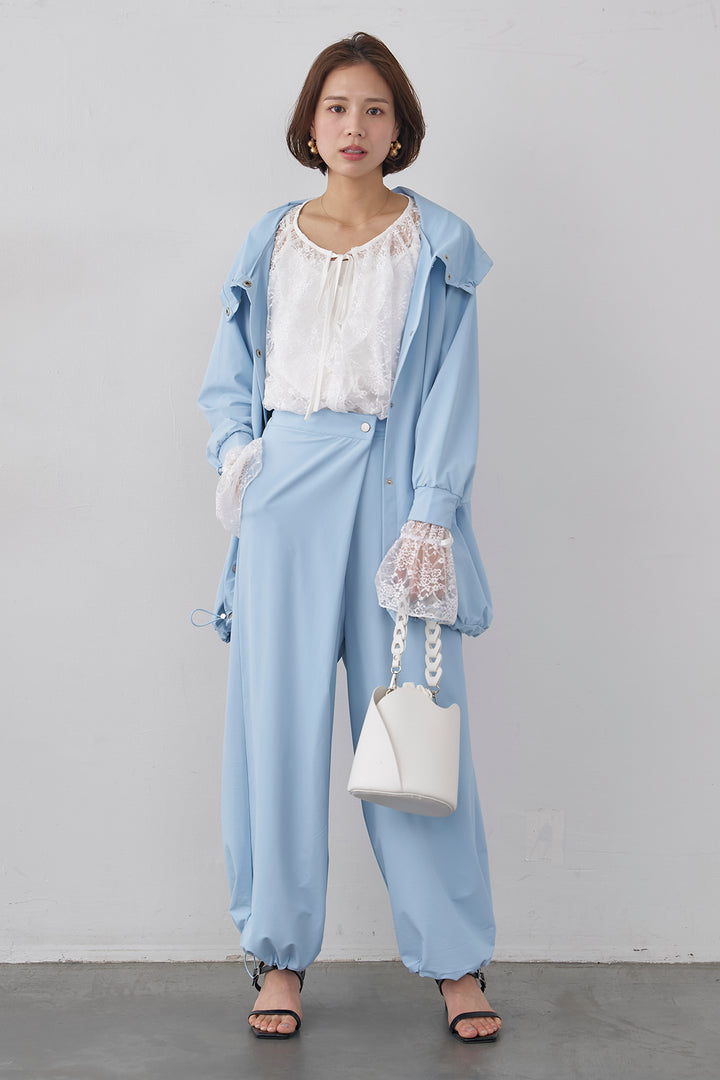 [予約/SET]ミニフリル繊細レースブラウス+撥水スタンドカラー2wayドロストブルゾン+撥水ドロストヘム2wayパンツ(3set)