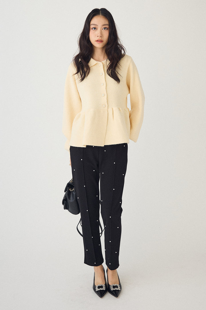 [予約/SET]ポロ襟ペプラムニットプルオーバー+センターシームランダムパールパンツ(2set)