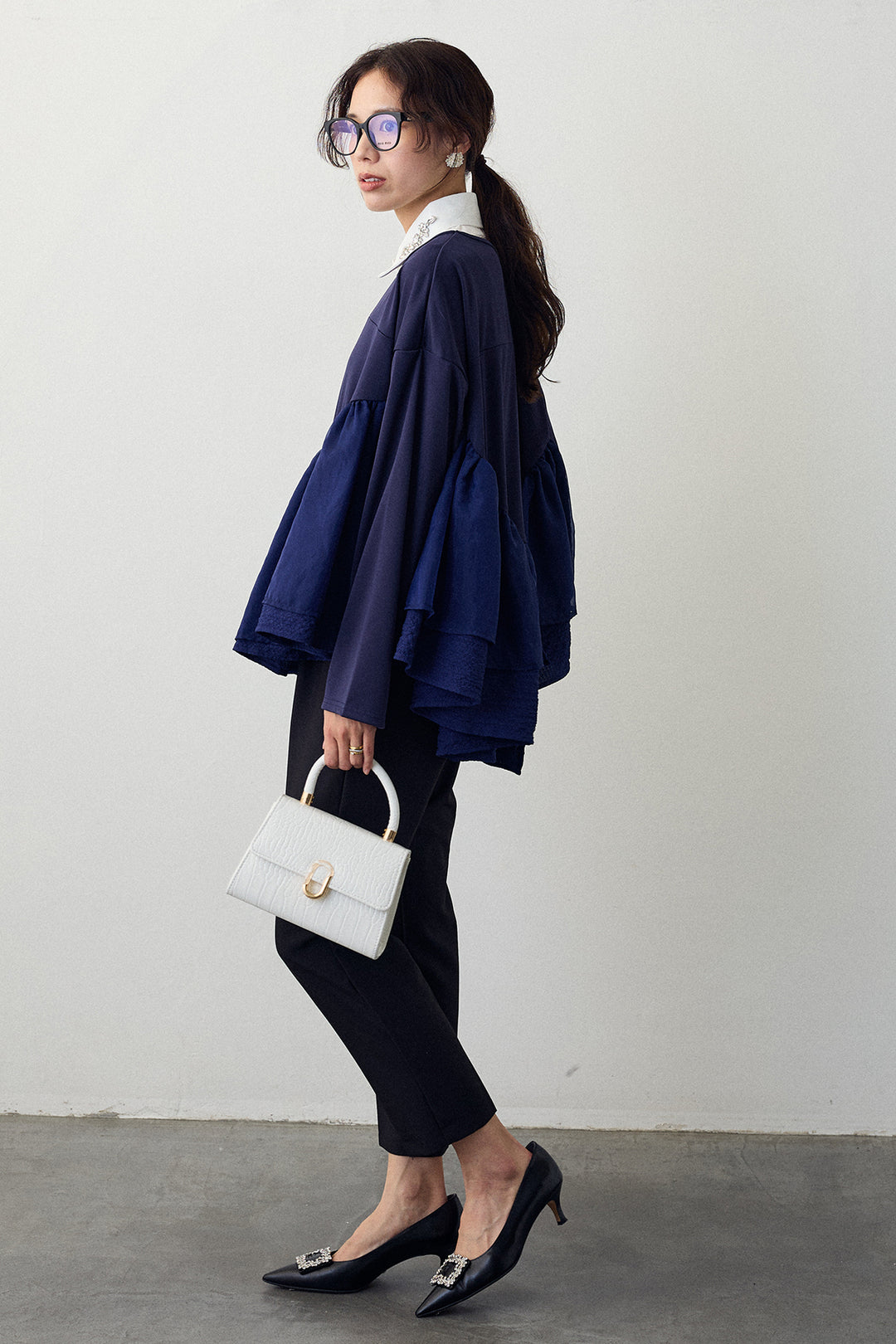 [予約/SET]ビジュー付け襟+フリルテール異素材切替チュニック+タックテーパードパンツ(3set)