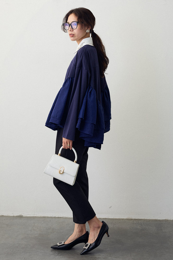 [予約/SET]ビジュー付け襟+フリルテール異素材切替チュニック+タックテーパードパンツ(3set)