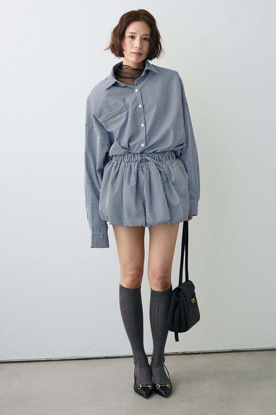 [予約/SET]ハイネックシアーフリルヘムトップス+ギンガムチェックバルーンミニボトムセットアップ(2set)