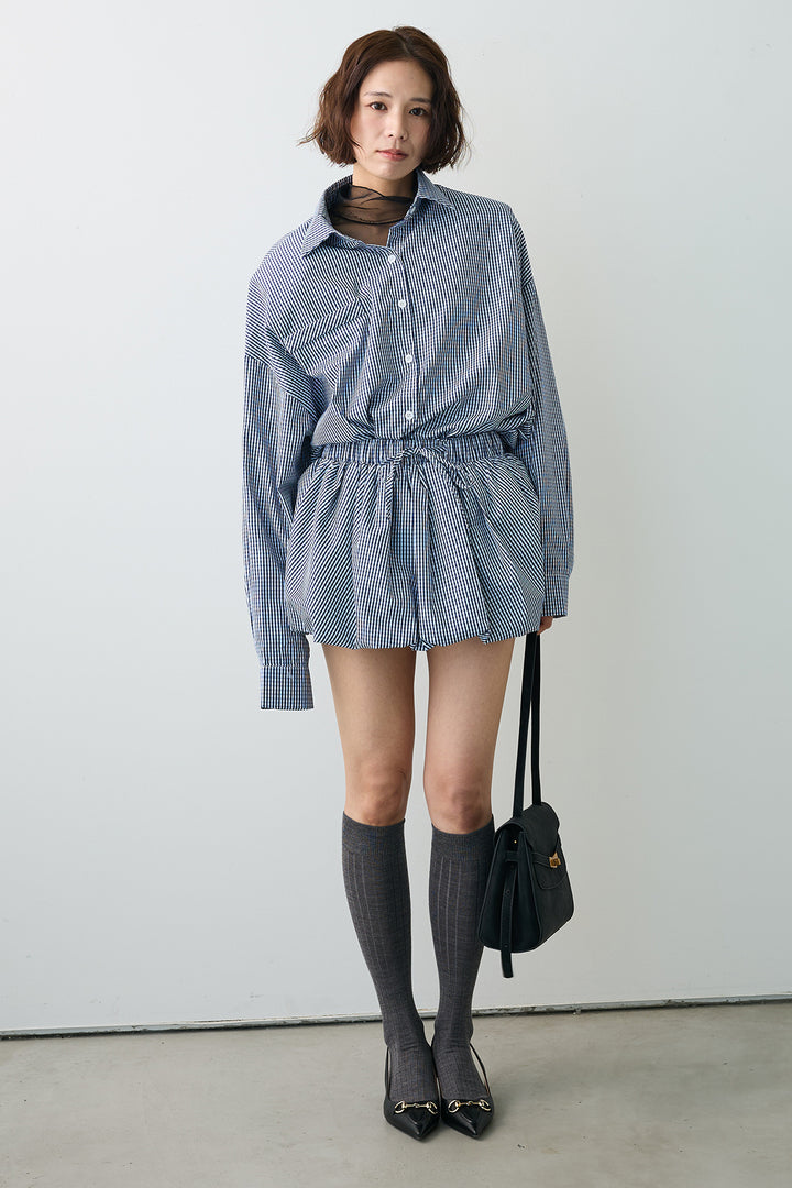 [予約/SET]ハイネックシアーフリルヘムトップス+ギンガムチェックバルーンミニボトムセットアップ(2set)