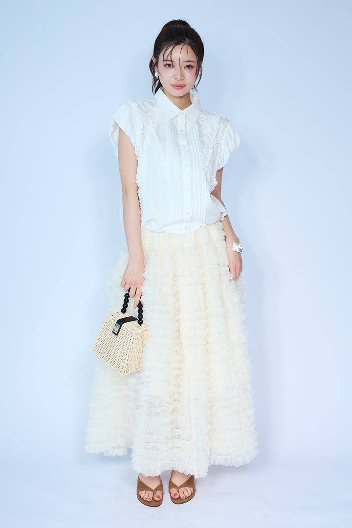 [予約/SET]ミックスフリルピンタックサイドドロストブラウス+ホイップチュールティアードスカート(2set)