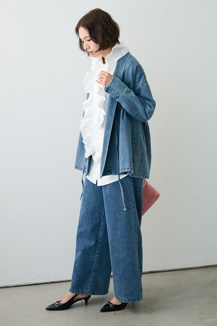 [予約/SET]ブルームカラーフリルブラウス+ノーカラーデニムルーズセットアップ(2set)