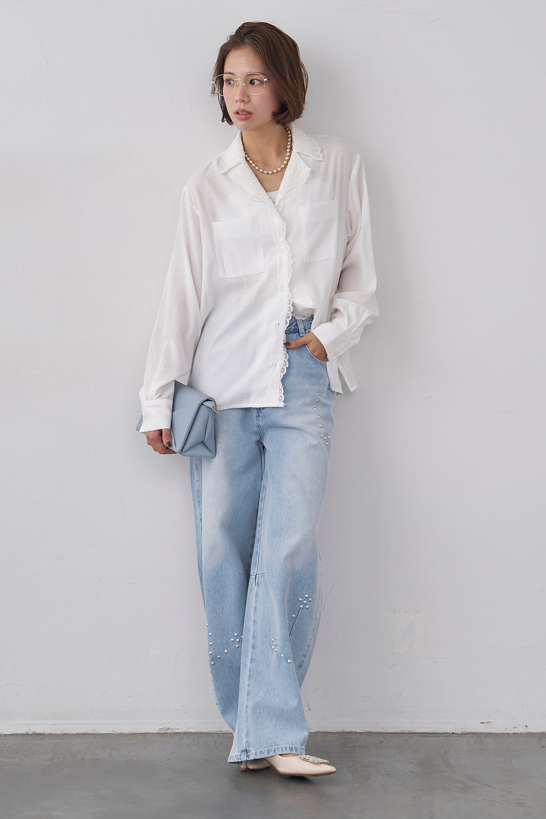 [予約/SET]クラシックレーストリムブラウス+スタッズアシメカーブデニムパンツ(2set)