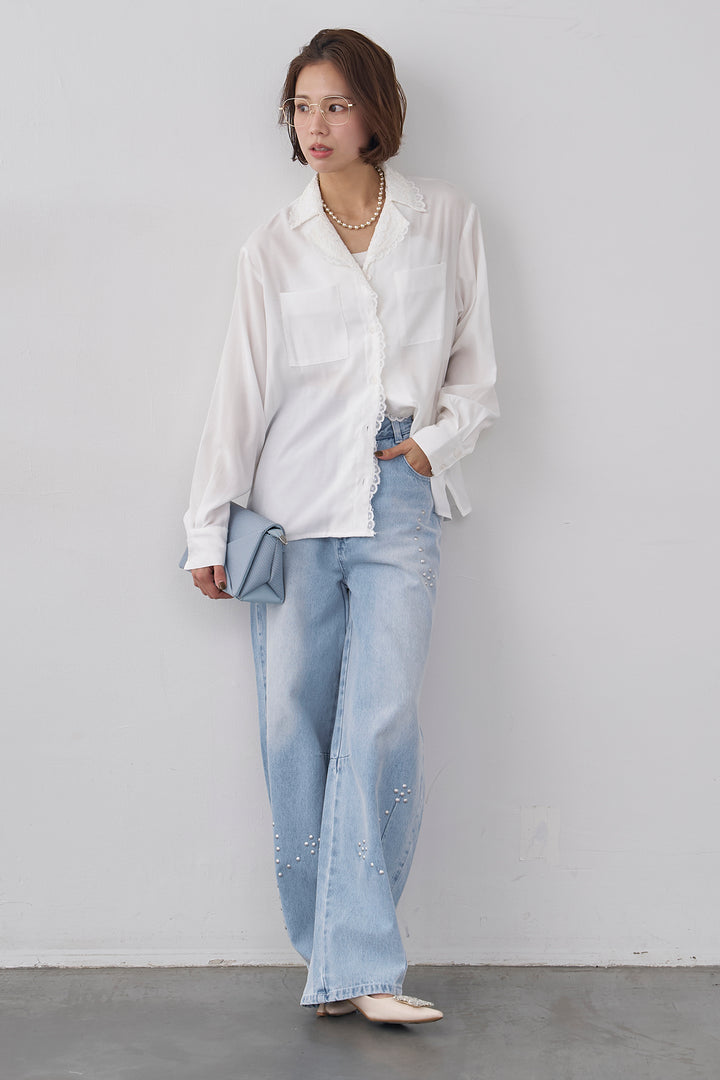 [予約/SET]クラシックレーストリムブラウス+スタッズアシメカーブデニムパンツ(2set)