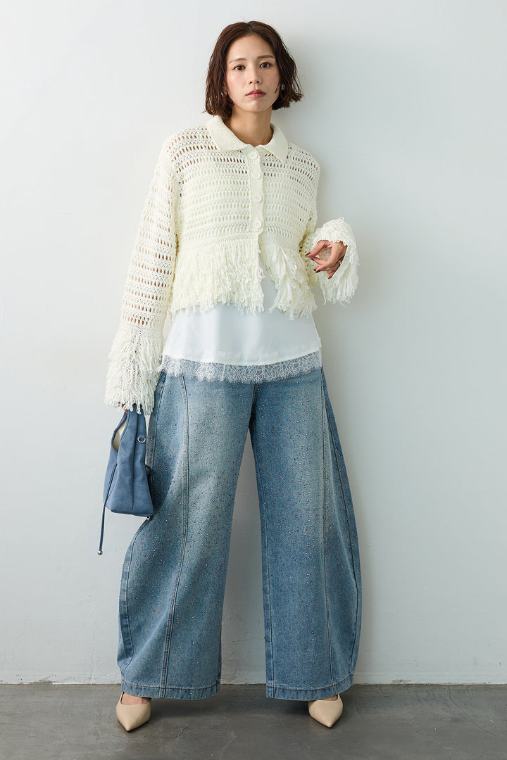 [予約/SET]繊細レースサテンキャミ+メッシュフリンジクロップドニット+スパークルラインストーンカーブデニム(3set)