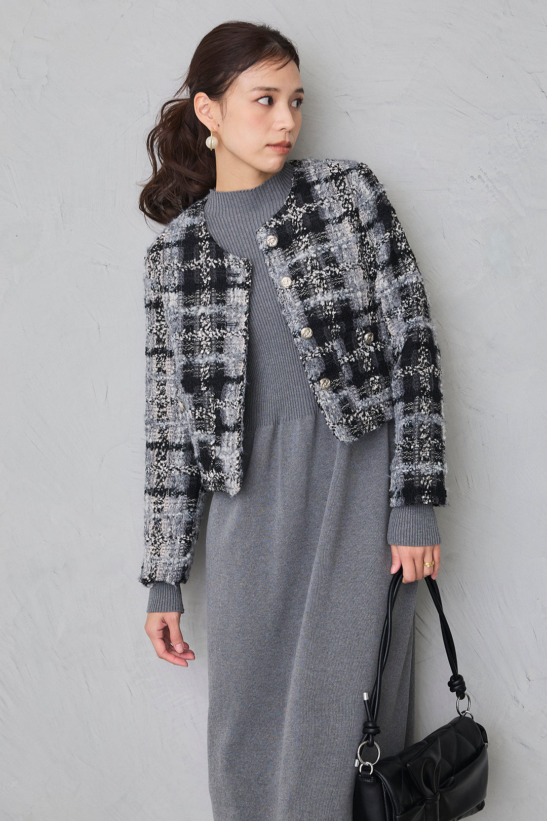 [予約/SET]ツイードチェッククロップドジャケット+リブセミフレアニットワンピース(2set)