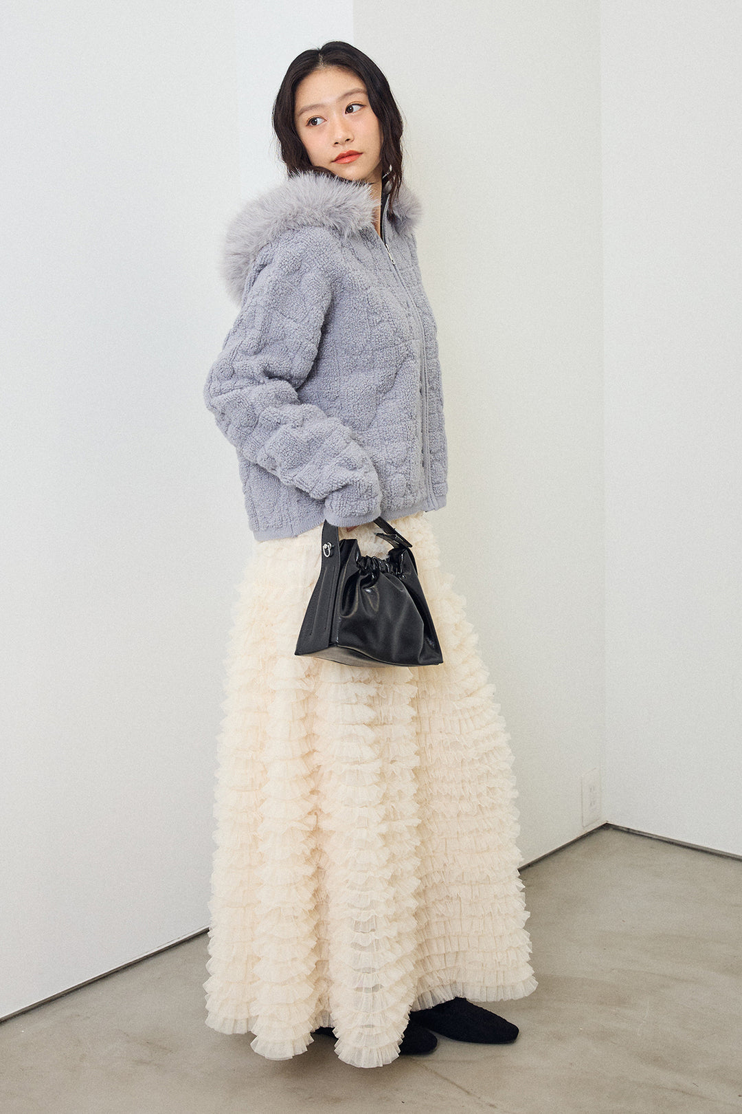 [予約/SET]フードファーキルトZIPニットブルゾン+ホイップチュールティアードスカート(2set)