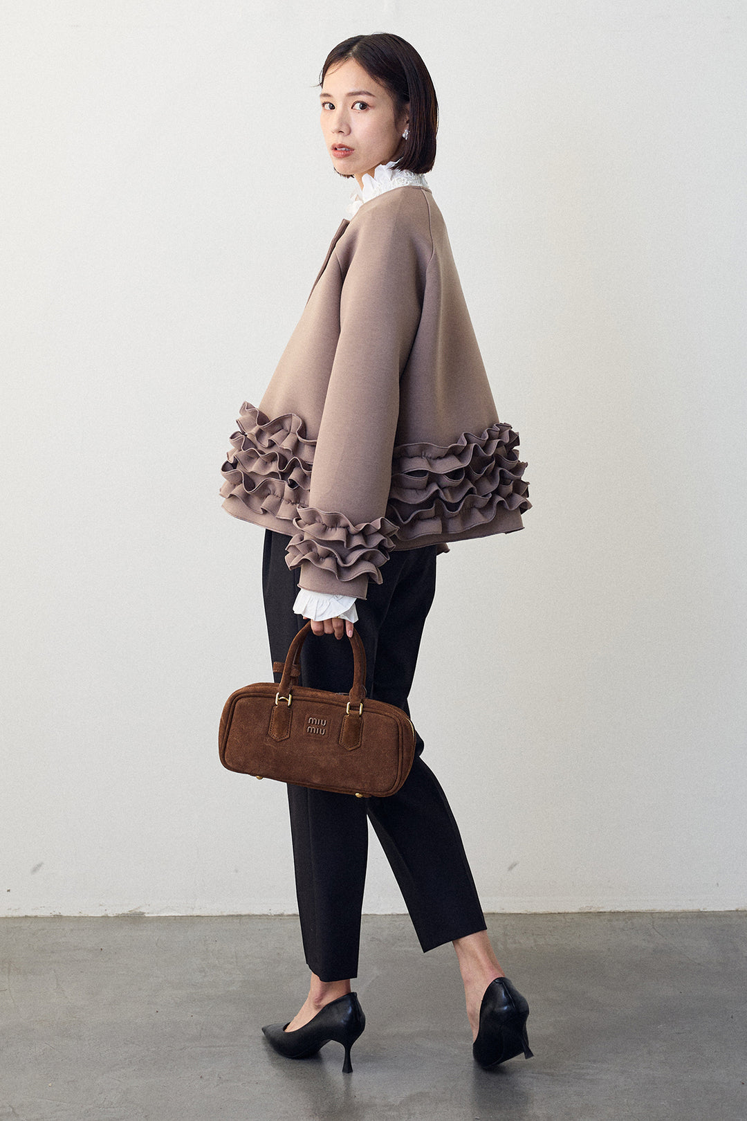 [予約/SET]ローズモチーフフリルカラーシャツ+フリルティアードボンディングクロップドコート(2set)