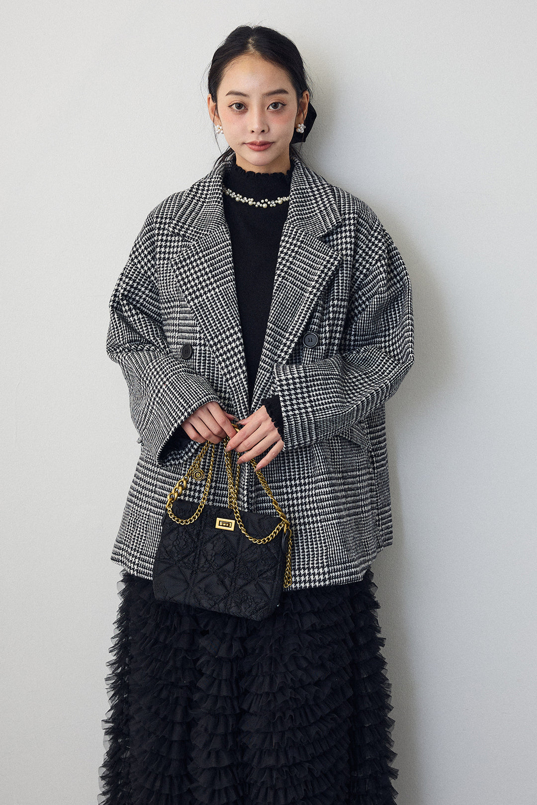 [予約/SET]ネックショルダーパールポイントニット+チェック柄ボクシーコート+ホイップチュールティアードスカート(3set)