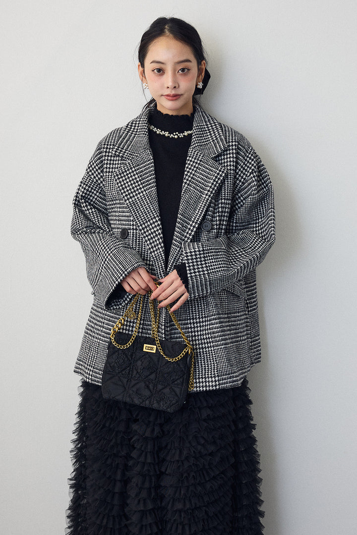 [予約/SET]ネックショルダーパールポイントニット+チェック柄ボクシーコート+ホイップチュールティアードスカート(3set)