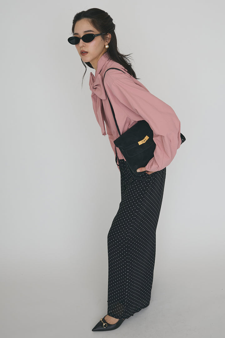 [予約/SET]フロントファスナーヘムタックボウタイブラウス+シアードットリラックスパンツ(2set)