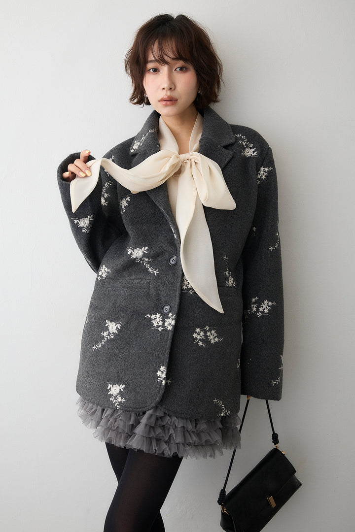 [予約/SET]フラワーエンブロイダリーモッサジャケット+ホイップチュールミニ丈スカート(2set)